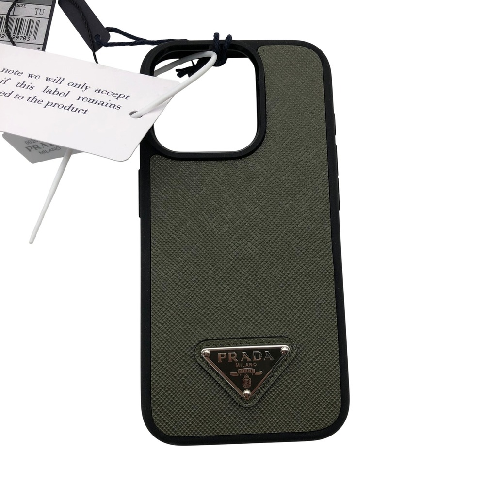 NWT Prada Saffiano iPhone 15 Pro Case TU Loden Green Leather Cover